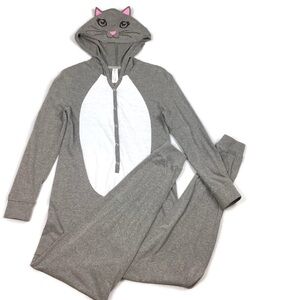 Forever 21 One Piece Hooded Gray Cat PJs Pajamas
